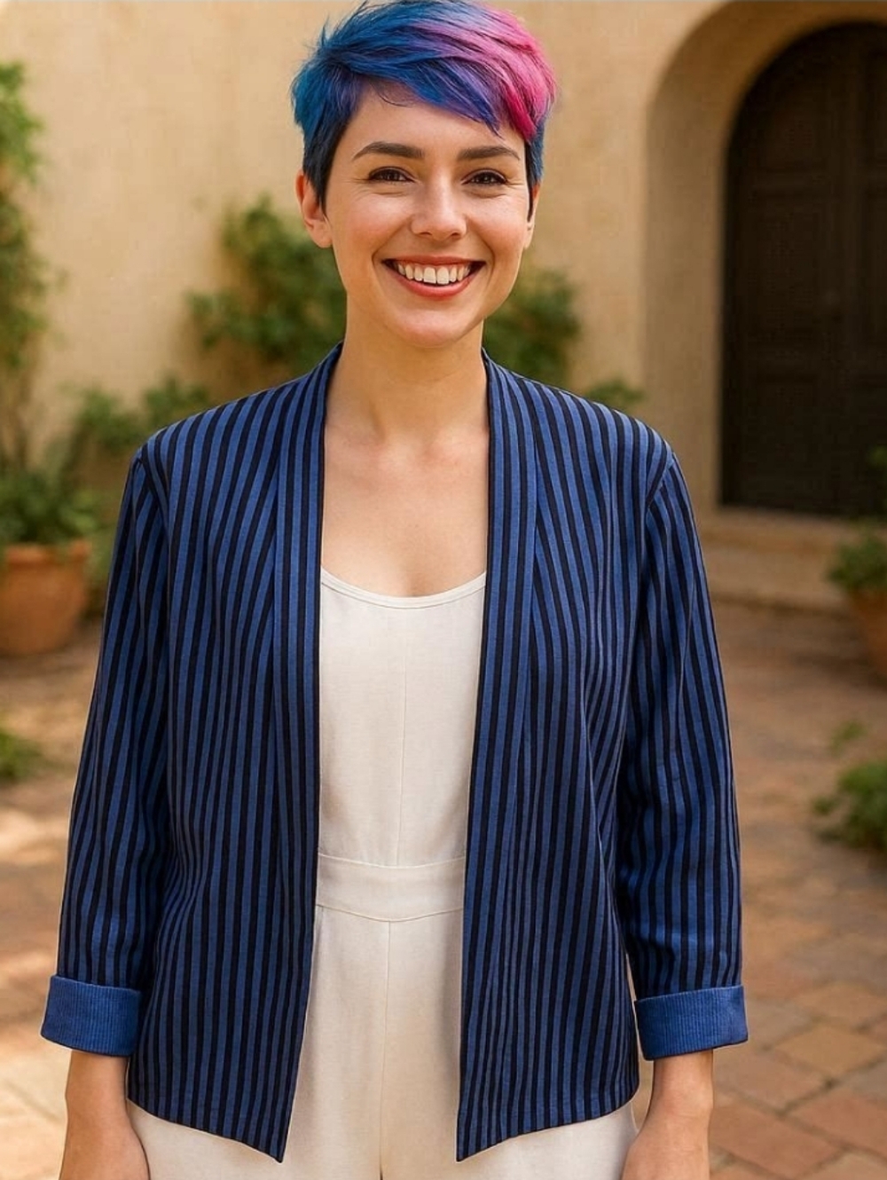 Vintage Draper's & Damon's Blue Striped Open Front Collarless Light Blazer 6P